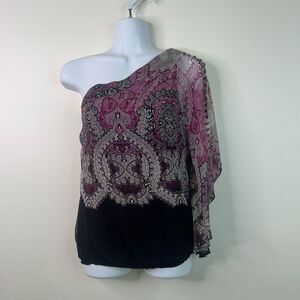 Cache 100% Silk One Shoulder Top S Purple Black Baroque Beaded Evening Blouse